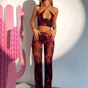 White Fox Boutique Red & Pink Floral Straight Leg Mesh Pants